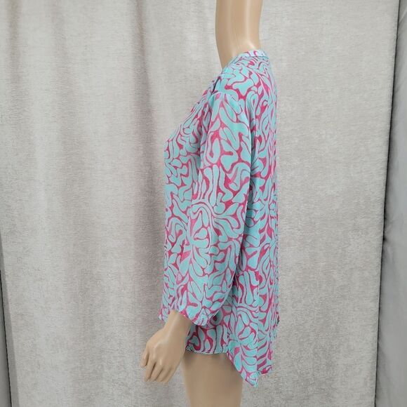 APNY Pink Blue Cupro Viscose Printed Top Button Down Blouse Women's Large - Picture 2 of 11
